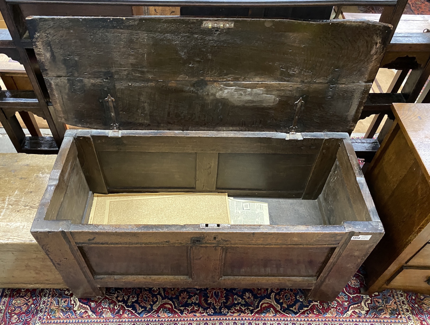 A late 17th century panelled oak coffer, length 123cm, depth 47cm, height 52cm